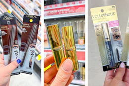collage image of loreal eyeliner, lipstick, and mascara