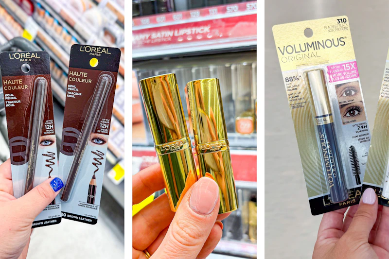 collage image of loreal eyeliner, lipstick, and mascara