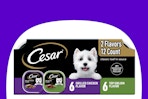 dollar general costco wet dog food 12-pack on purple and white background