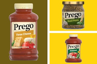 Prego Pasta Sauces: Three Cheese, Pesto, and Mushroom Bottles