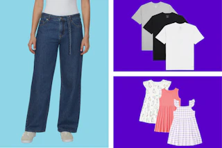 collage with jeans, dresses, and t-shirts