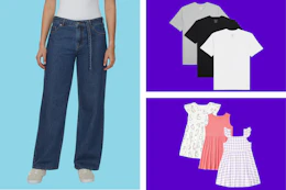 collage with jeans, dresses, and t-shirts