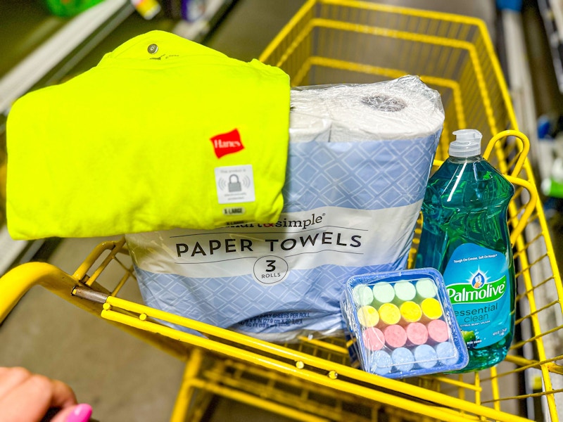 dollar general paper towels, hanes shirt, sidewalk chalk, palmolive 2