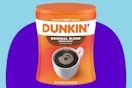 Dunkin' Original Blend Medium Roast Ground Coffee on a blue background.