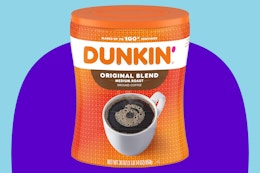Dunkin' Original Blend Medium Roast Ground Coffee on a blue background.