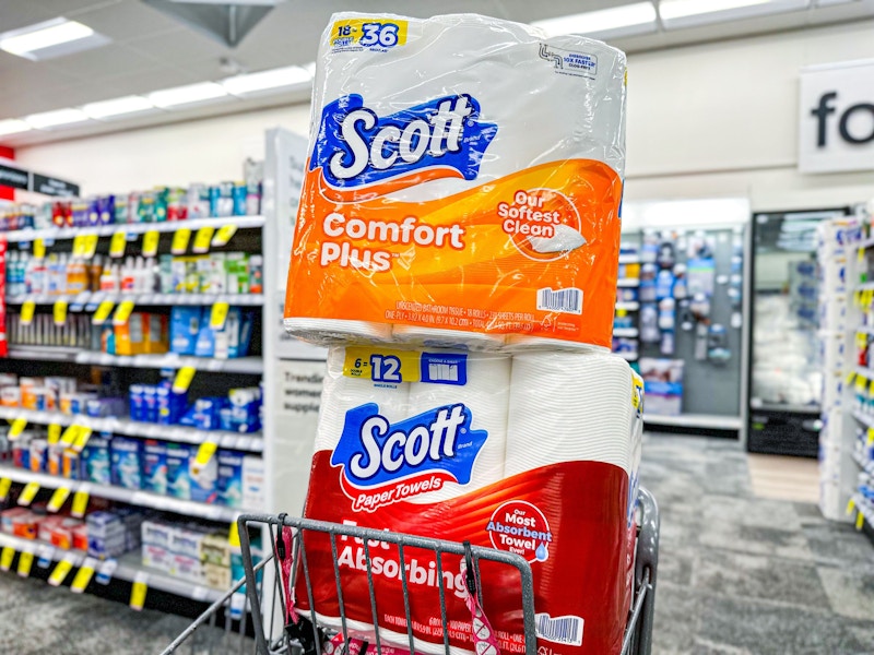 scott toilet paper and paper towels in a cart