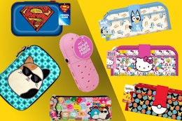 6 character pencil pouches: Superman, Squishmallows, Hello Kitty, Pokemon, Bluey & more