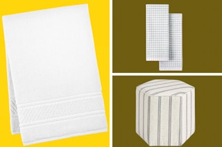 a collage of martha stewart towels and an ottoman