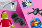 heated blanket, bluey camera, drone, superman backpack, athletic works weights, grinch plush