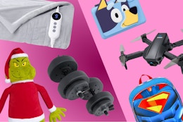 heated blanket, bluey camera, drone, superman backpack, athletic works weights, grinch plush