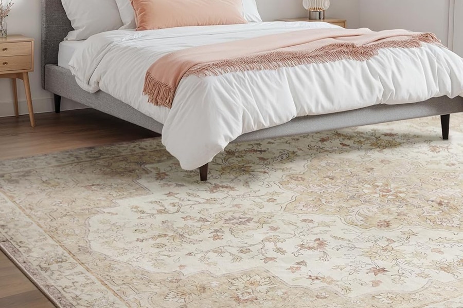 a bed on an area rug