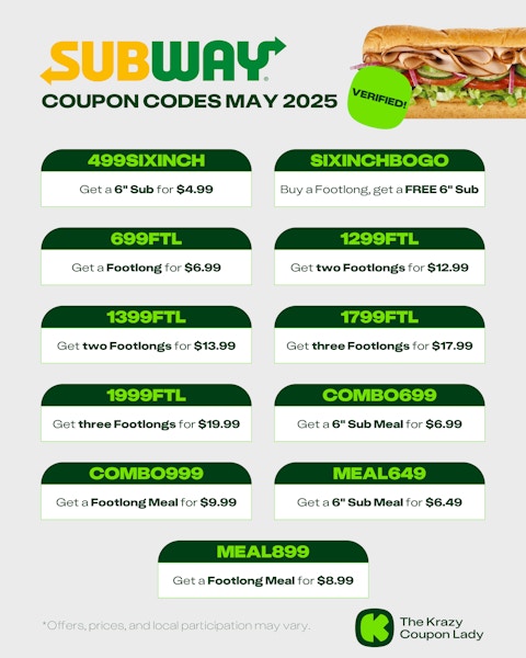 Subway May Coupons