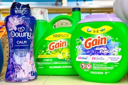 large gain and downy laundry products on a shelf