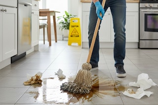 a man mopping up oil in a kitchen