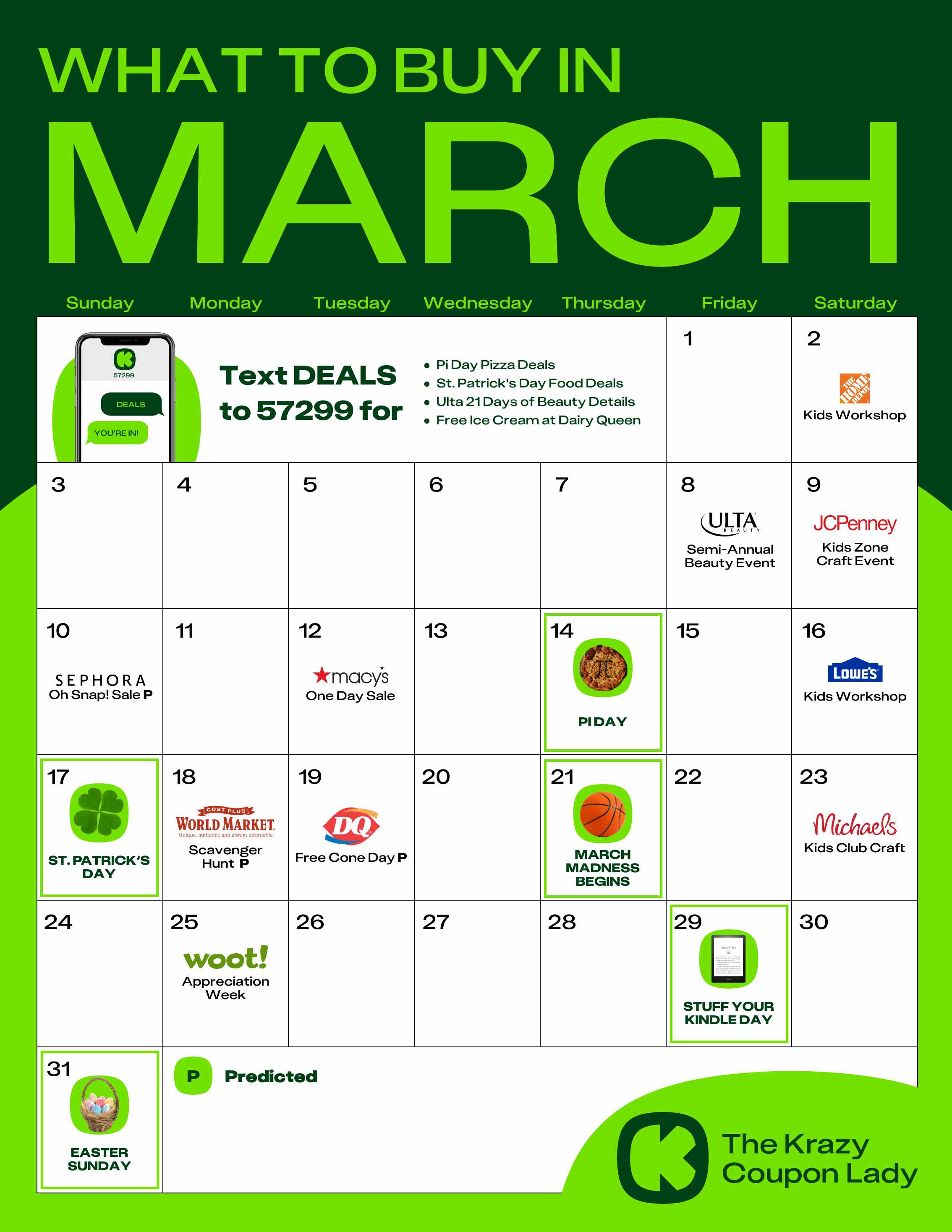 a calendar showing what to buy in march and when sales are