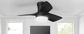 a black ceiling fan in a room