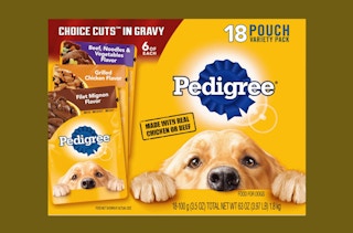 a box of dog food pouches with a dog on the front
