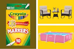 Crayola markers, Intex pool and rocking chair patio set