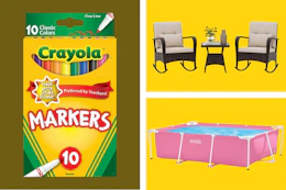 Crayola markers, Intex pool and rocking chair patio set