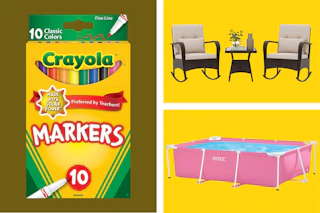 Crayola markers, Intex pool and rocking chair patio set