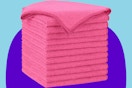 Pink Microfiber dish clothes on a purple and blue background.