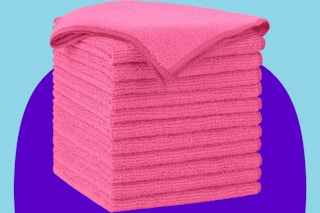 Pink Microfiber dish clothes on a purple and blue background.