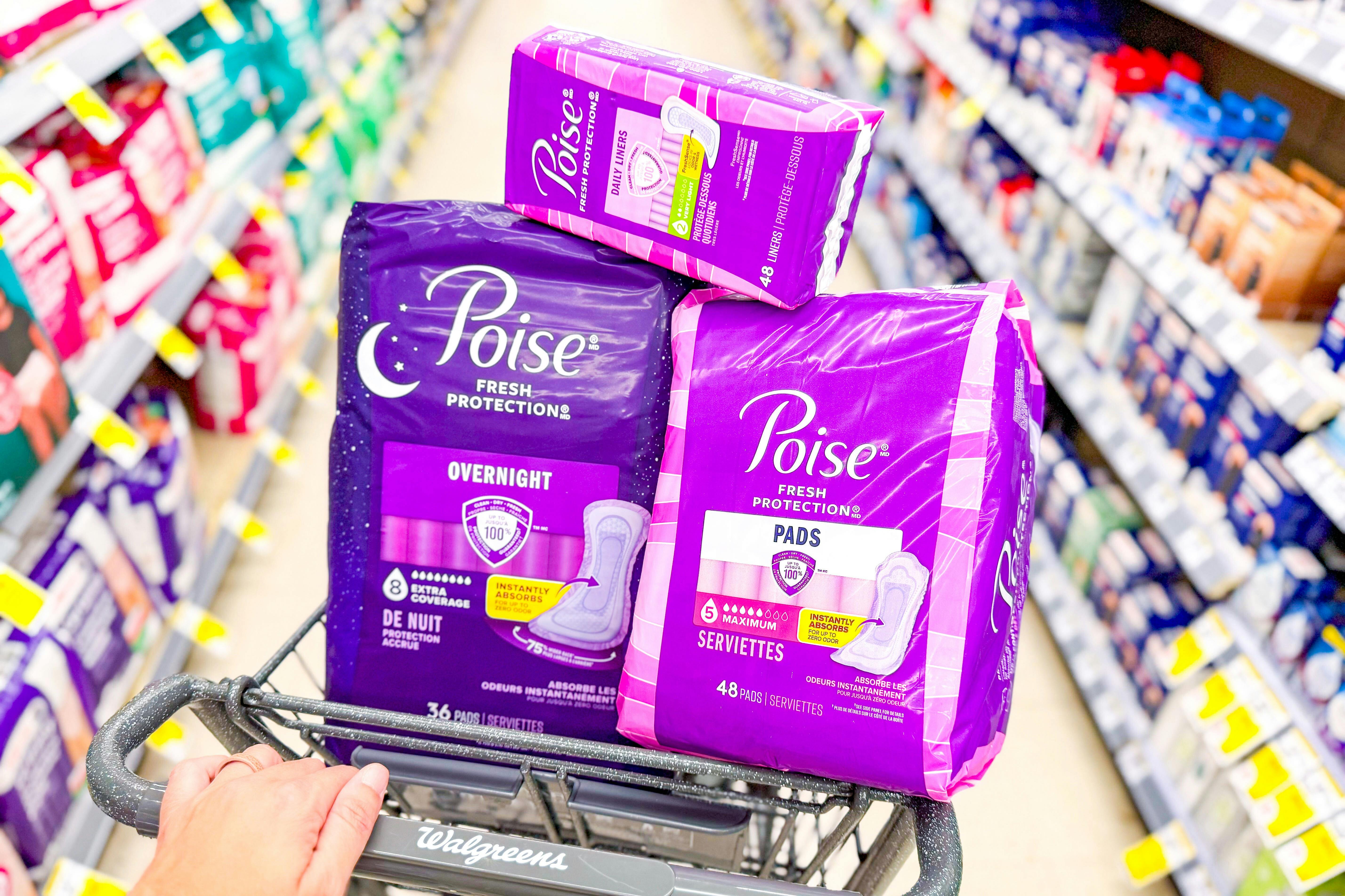 poise products in a walgreens shopping cart