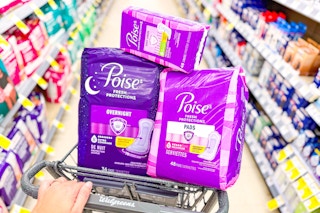 poise products in a walgreens shopping cart