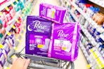 poise products in a walgreens shopping cart