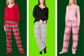 Different colors of the Liz Claiborne women's pajama sets on a dark and light green collage background. 