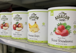 cans of dehydrated food on a shelf 