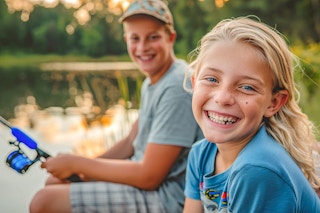 Two kids sitting on a bench fishing by a lake
