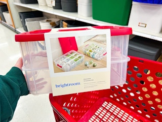 hand holding brightroom ornament box over a target cart