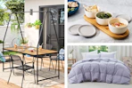 3 lifestyle images of Target bestsellers: outdoor table, bedding set & food storage set