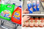 collage image of gain and tide detergent, rao's marinara sauce, and walgreens food storage bags