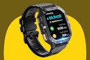 Touchscreen Men's Fitness Smart Watch on a yellow background.