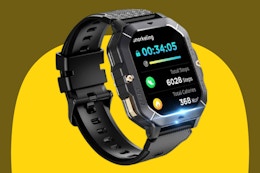 Touchscreen Men's Fitness Smart Watch on a yellow background.
