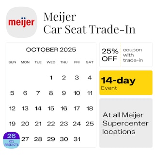 Calendar showing that the Meijer Car Seat Trade-In Event is predicted to start on Sunday, Oct. 26, 2025, at Meijer Supercenters.