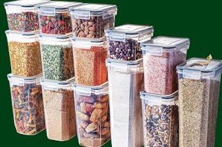 14 dry food pantry sotrage containers on a dark green background