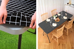 2 lifestyle images of a checkered vinyl tablecloth cover