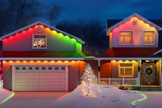 Lepro E1 AI Permanet Outdoor Lights on a house at night.