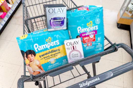 walgreens shopping cart with pampers and olay products
