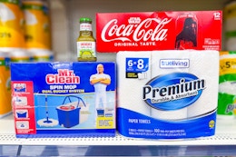 mr. clean, coca-cola, herdez, true living on dollar general store shelf