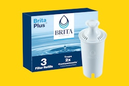Brita Plus Water Filter, 3 ct on a yellow background