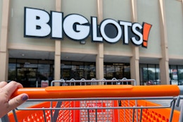 Hand pushing an orange Big Lots shopping cart into the store