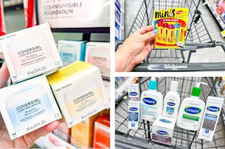 collage image of covergirl moisturizer, cetaphil products, and carmex lip balms