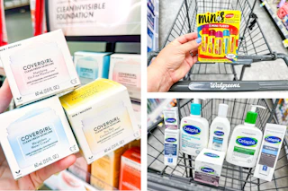collage image of covergirl moisturizer, cetaphil products, and carmex lip balms