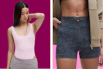 lululemon women's bodysuit and denim print shorts