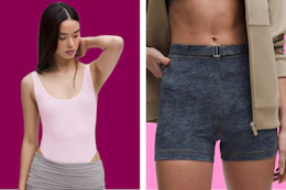 lululemon women's bodysuit and denim print shorts