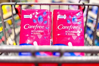 two packs of carefree liners in a shopping cart